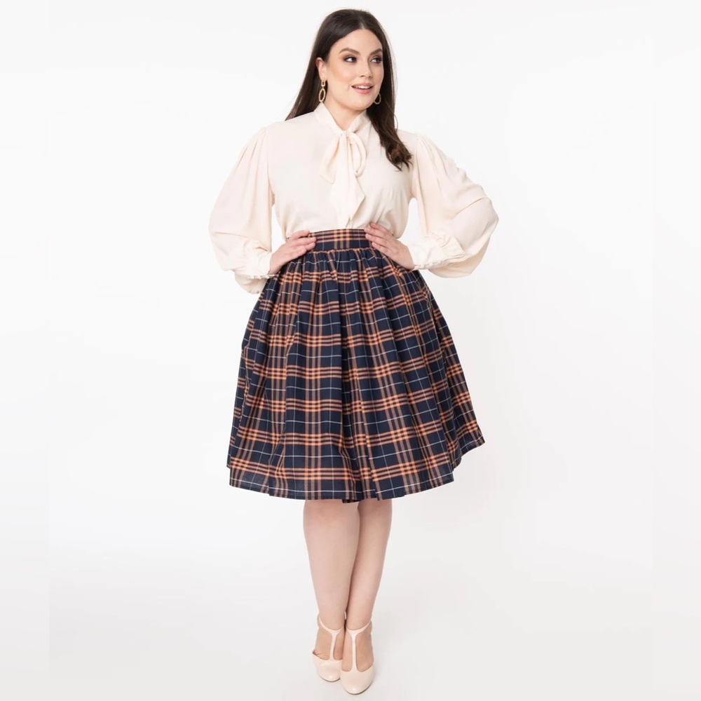 Unique Vintage Orange and Navy Blue Plaid Swing Skirt Retro Vintage Fall